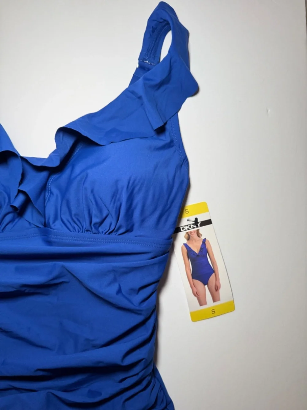 DKNY One Piece Swimsuit Small Blue Ruffle V-Neck Ruched Tummy Control NWT - Picture 3 of 8
